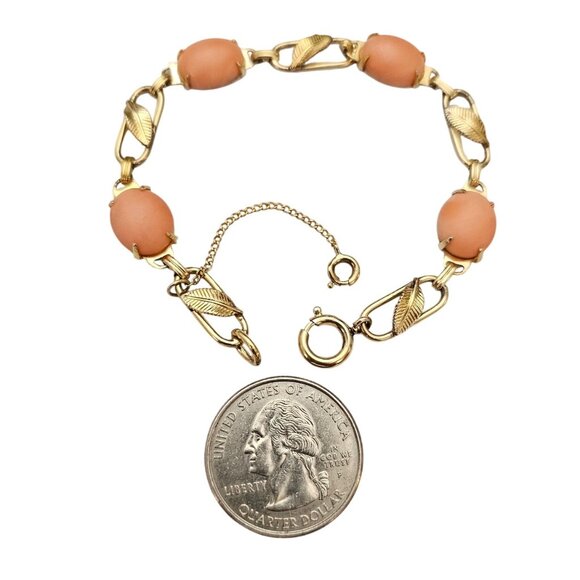 Gold Filled Coral Cabochon Chain Bracelet Leaf Paper Clip Oval Links C675 - Picture 6 of 10